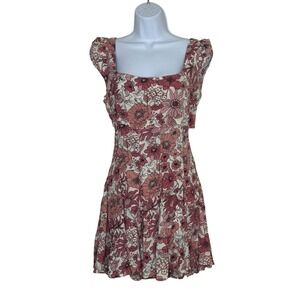 Forever 21 Floral Mini Dress Square Neck Tie Back Pink White Short Sleeve